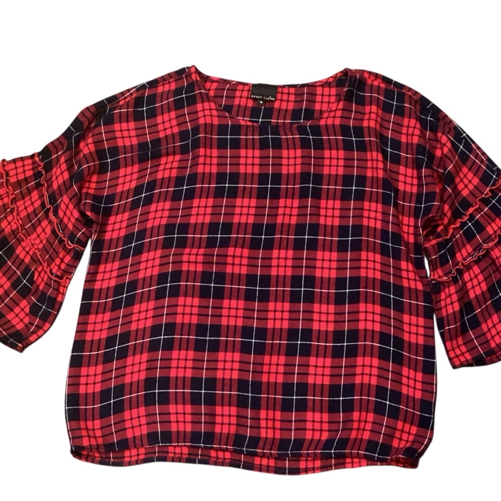 Sweet Claire Red Black Plaid Metallic Ruffle Sleeve Top Medium Boxy Soft